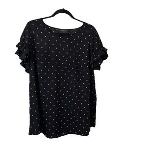 Lane Bryant Black Pink Polka Dots Ruffle Short Sleeves Top Blouse Womens Size 14